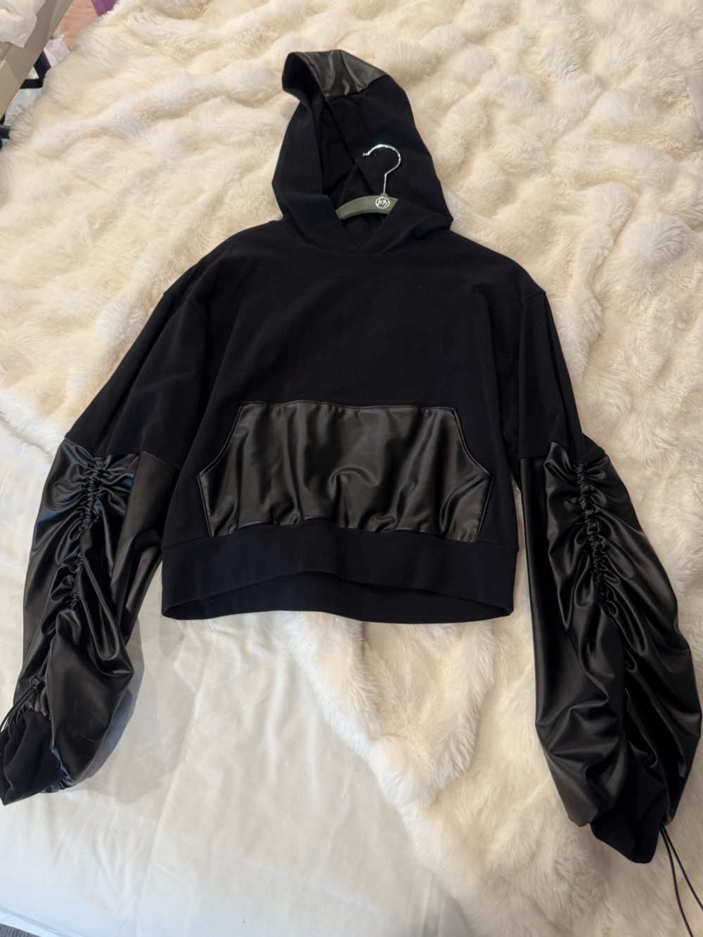 Noli Black Cropped Hoodie with Faux Leather Pocket & Ruched Sleeves